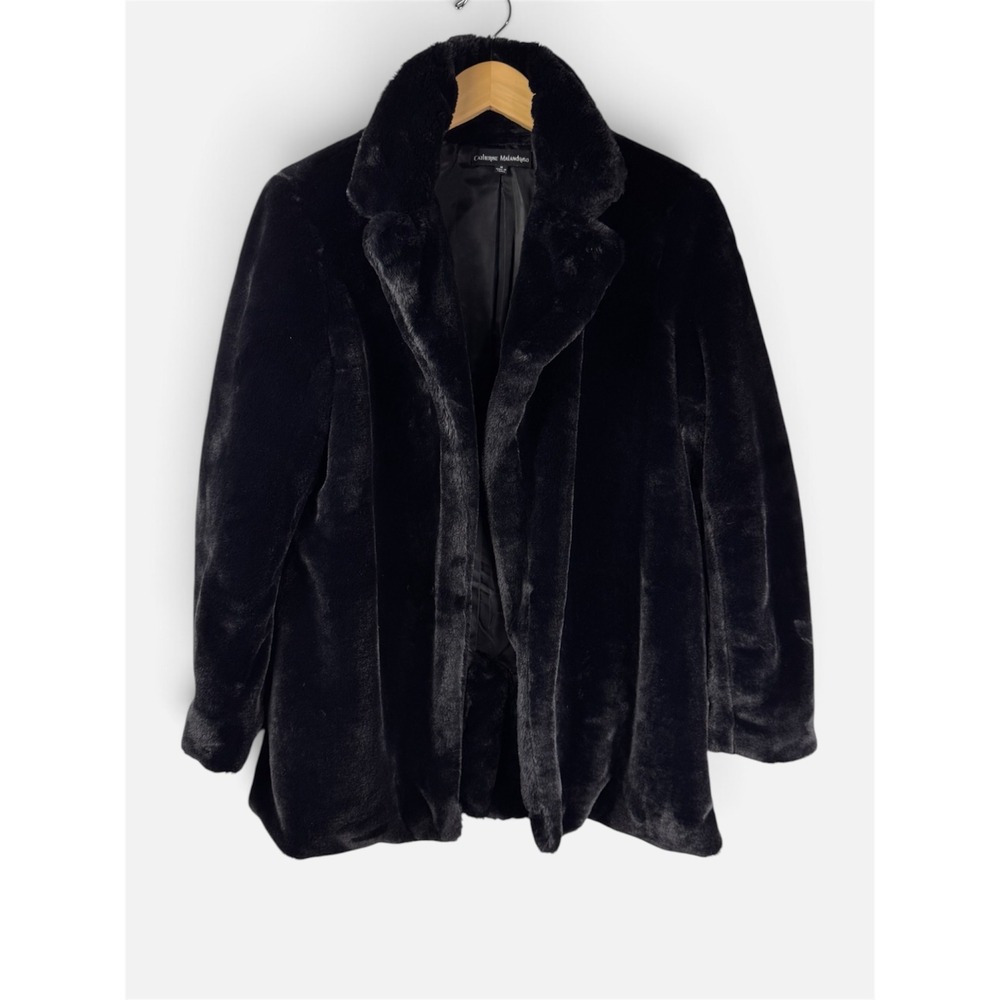 Catherine Malandrino Faux Fur Jacket Women Size M Black Mid Length Notched Lapel